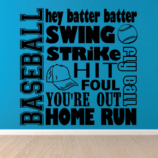 Baseball quote decal with 'SWING STRIKE HIT' and 'HOME RUN' text plus bat and ball icons