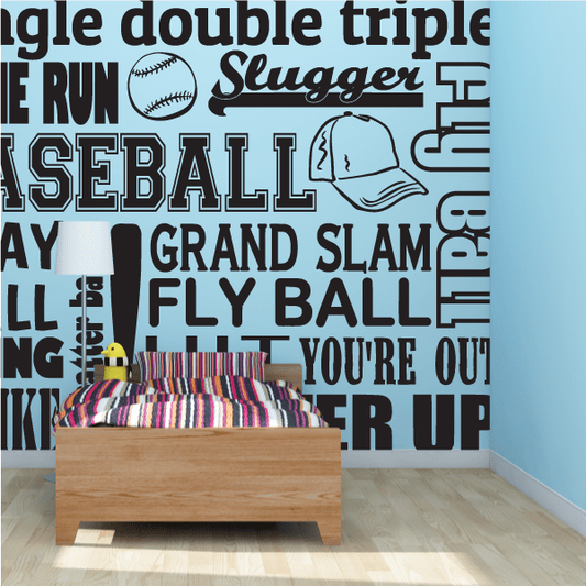 Baseball word collage wall decal with Slugger, Baseball, and Grand Slam text and icons