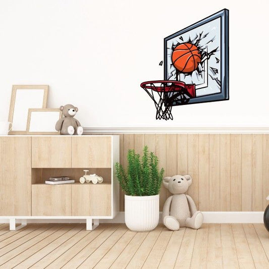 Basketball hoop wall sticker with cracked backboard and orange basketball