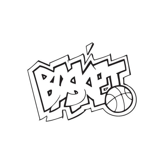 Basketball graffiti decal with bold stylized letters and basketball outline, black and white