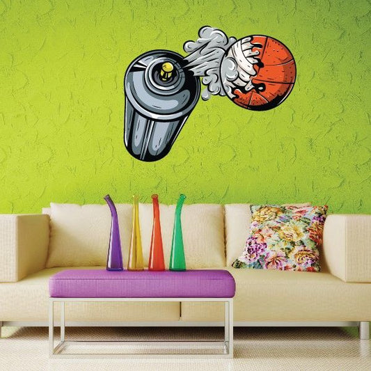 Graffiti spray can sticker with cartoon basketball nozzle and burst
