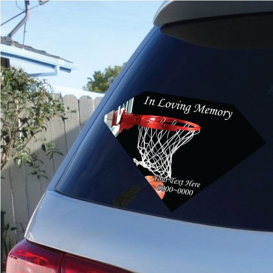 Diamond car sticker with basketball hoop and 'In Loving Memory' text