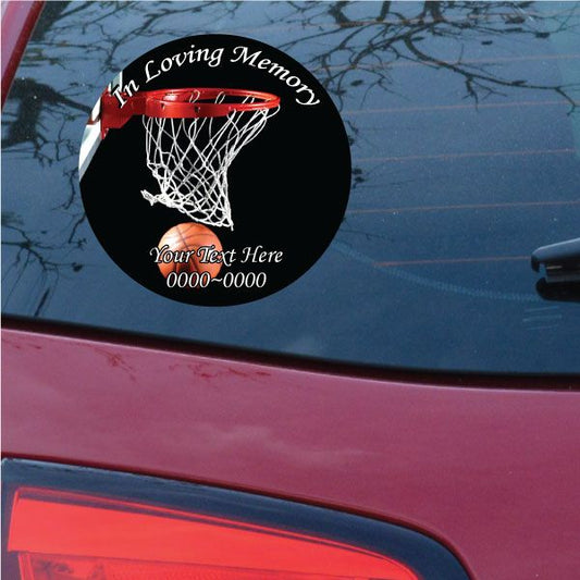 Memorial basketball hoop circle sticker, black with white net and red ring, 'In Loving Memory'.