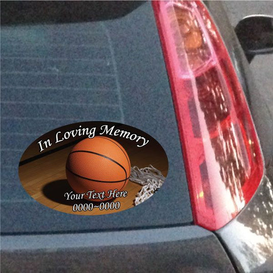 Oval sticker with basketball graphic and 'In Loving Memory' text