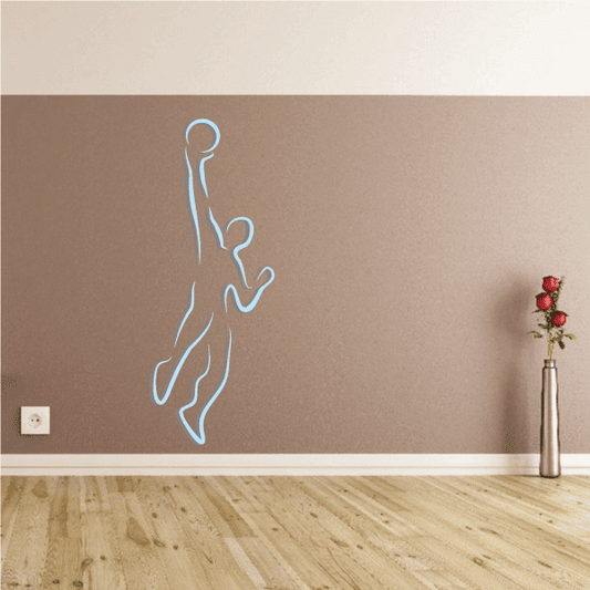 Vinyl basketball player wall decal, light blue outline holding basketball