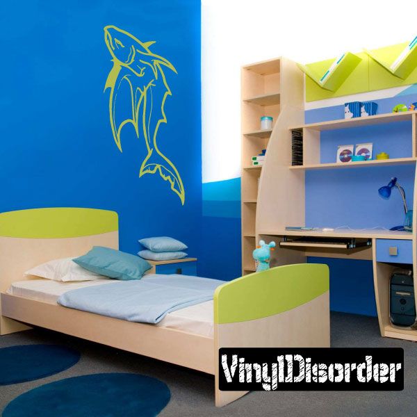 Bat-wing flying fish wall decal, yellow-green outline on blue surface.