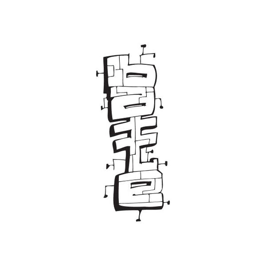 Graffiti decal with black-and-white abstract block lettering