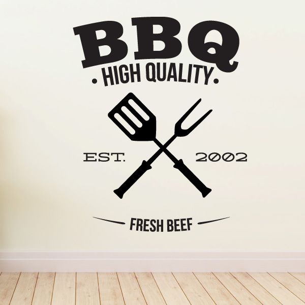 BBQ decal with “HIGH QUALITY”, crossed fork and spatula, and “FRESH BEEF” text