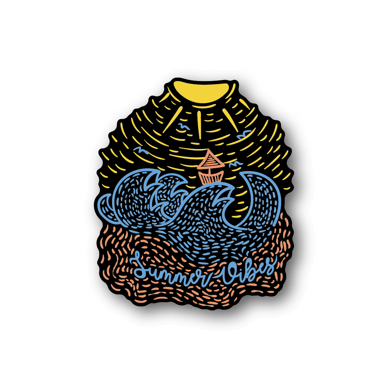 Vinyl sticker with ocean waves, yellow sun, and 'Summer Vibes' text