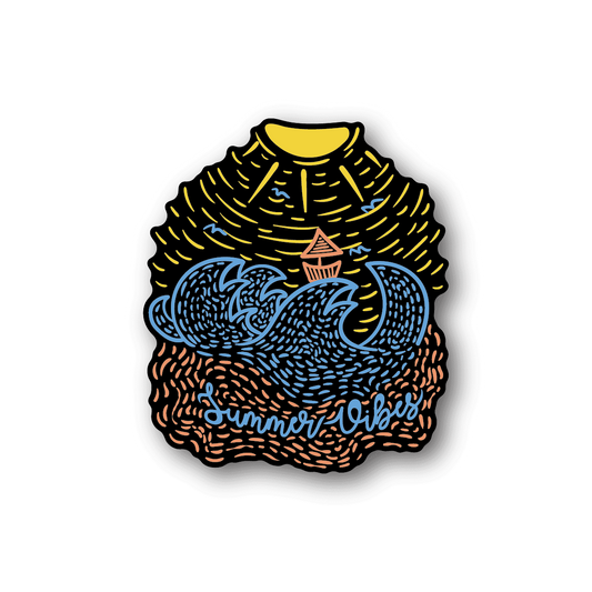 Vinyl sticker with ocean waves, yellow sun, and 'Summer Vibes' text