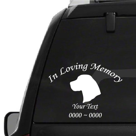 Beagle memorial decal: 'In Loving Memory', 'Your Text', 0000-0000, dog silhouette