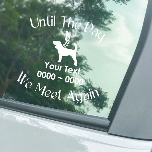 Memorial window decal with green winged beagle silhouette and condolence text