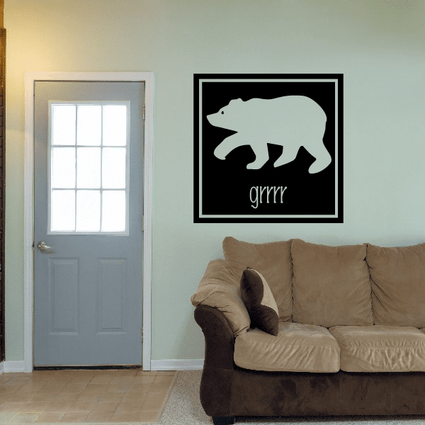 Bear grrrr wall decal, light gray bear silhouette on black square