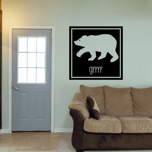 Bear grrrr wall decal, light gray bear silhouette on black square