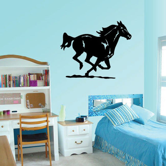Galloping horse wall decal, black horse silhouette with white highlights