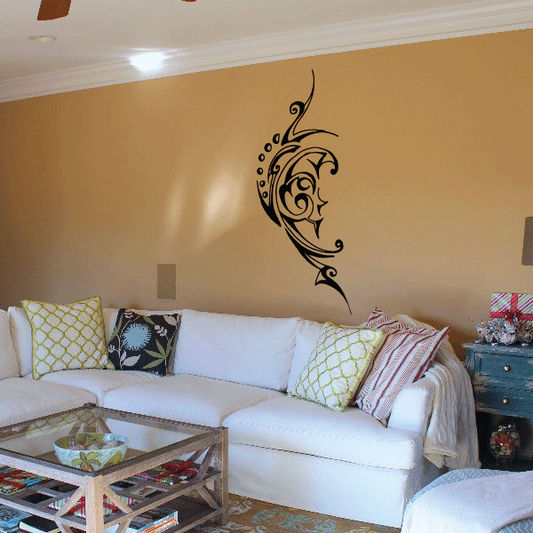 Moon face wall decal, black crescent with ornate swirl lines