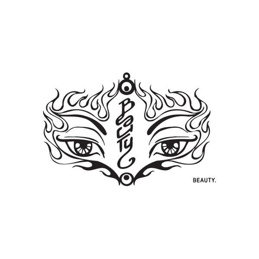 Beauty graffiti decal with black flame eye mask design and 'BEAUTY' text