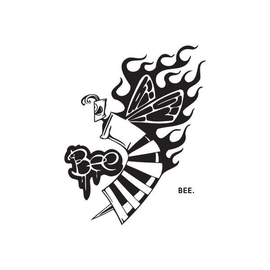 Bee spray paint can decal with black bee graphic, flames and spray burst design