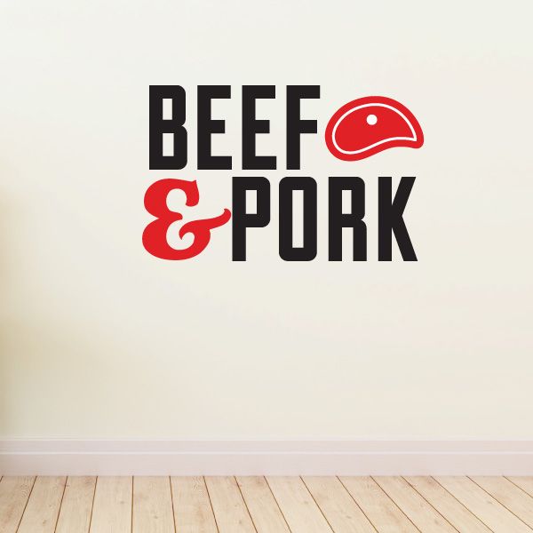 Beef and pork printed decal with red meat icon and black/red bold lettering