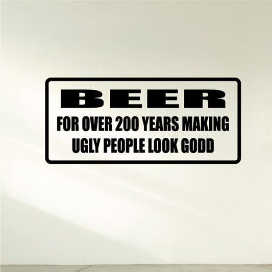 Beer slogan decal, black and white rectangular design with bold BEER lettering