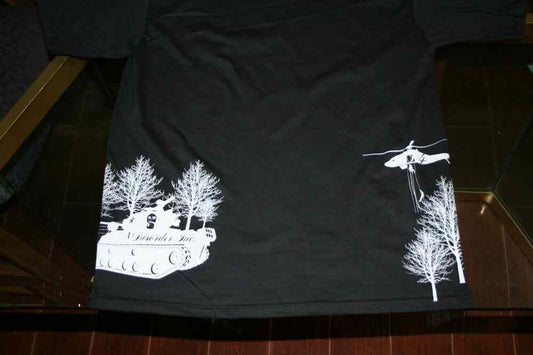 Dark T-shirt with white tree graphic and small decorative text at center