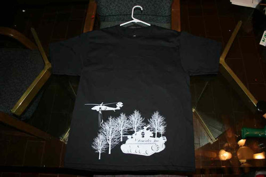 Black crew-neck graphic T-shirt with large white front illustration