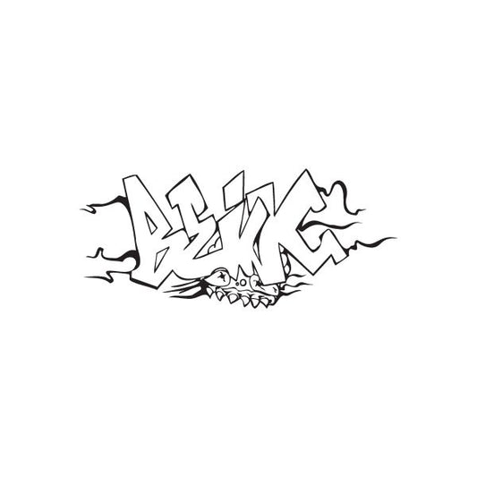 Black graffiti-style wall decal with jagged lettering and flame accents
