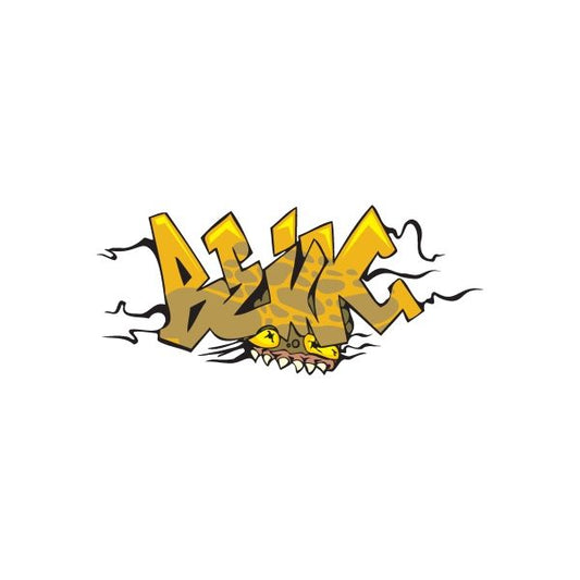 Graffiti sticker with yellow-and-black tag and skull face