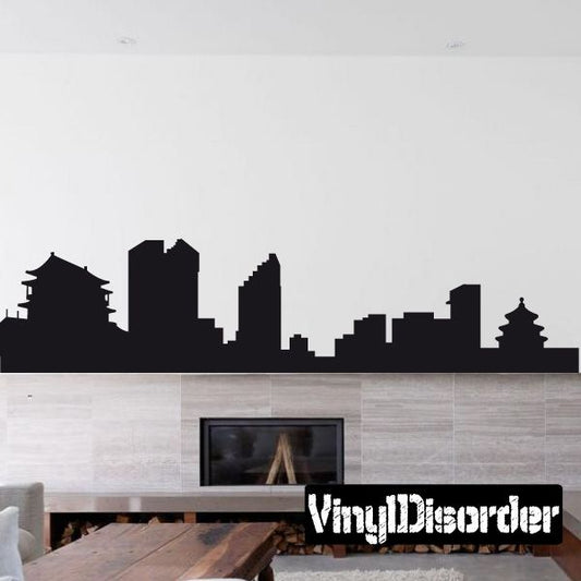 Black Beijing skyline wall decal with building silhouettes and pagoda roof
