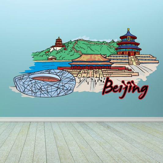 Beijing sticker with illustrated city skyline and red “Beijing” lettering