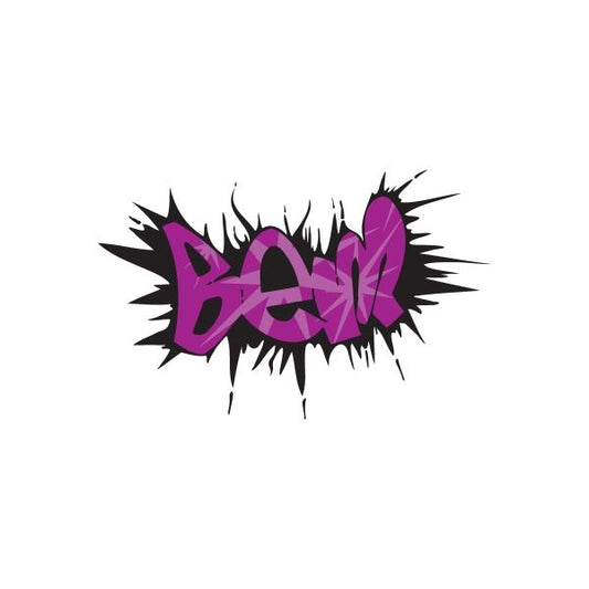 Graffiti sticker with purple and black spray-paint style lettering