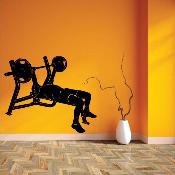 Bench press fitness wall decal, black weight bench and barbell silhouette