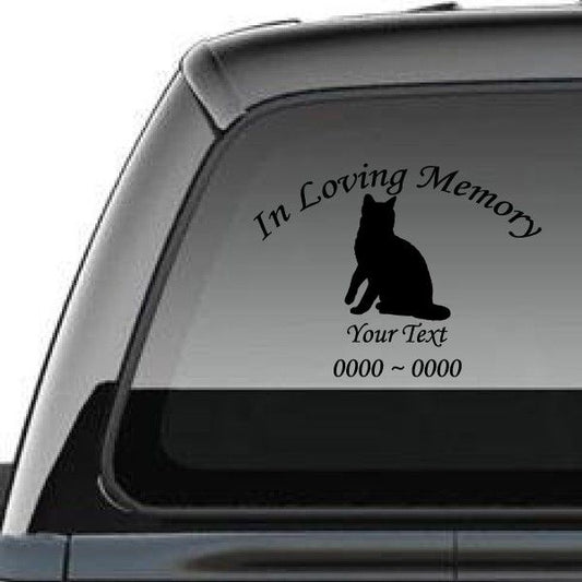 Car window decal with black Bengal cat silhouette and 'In Loving Memory' lettering