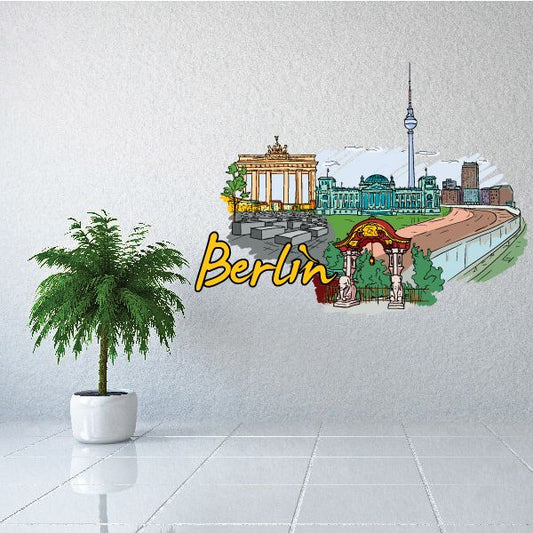 Berlin city sticker with Brandenburg Gate, TV tower, and yellow 'Berlin' text