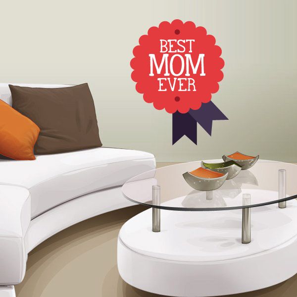 Red scalloped ribbon sticker reading 'BEST MOM EVER' with purple ribbon tails