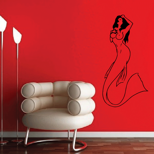 Mermaid sunbathing wall decal with black outline of a reclining tail figure