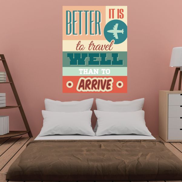Travel quote wall sticker with plane icon and multicolor stripes, square design