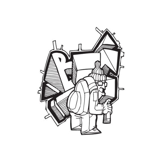 Graffiti-style decal sticker with black line art of a backpack character
