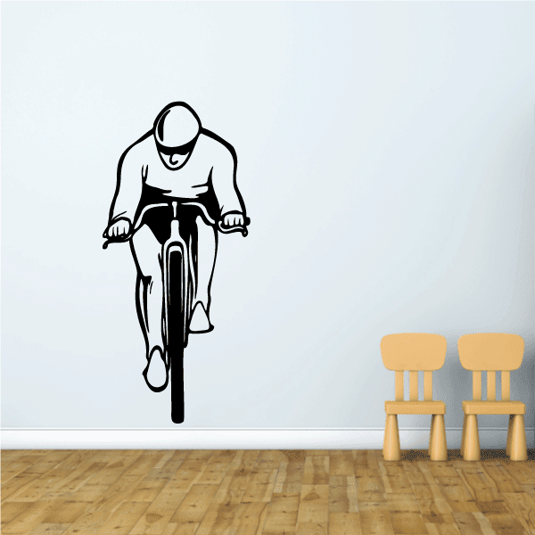 Cyclist riding forward wall decal, black and white line art