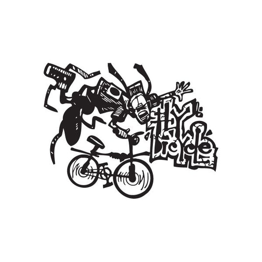 Bicycle graffiti decal with stylized black-and-white rider and bike and graffiti lettering