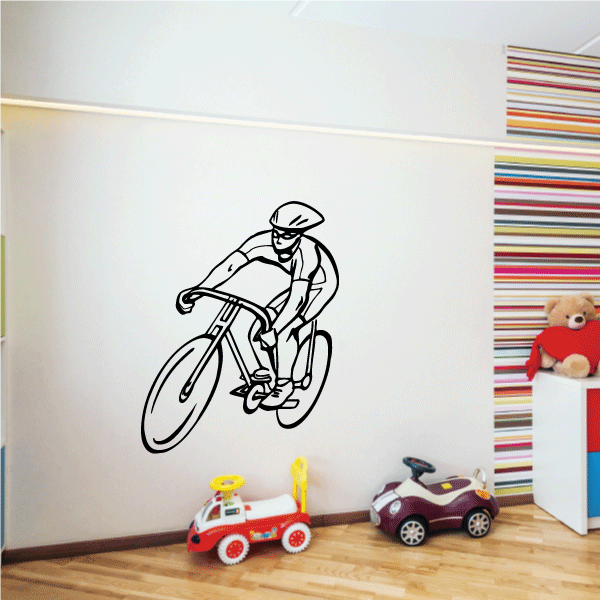 Bicyclist racer wall decal: helmeted rider on bicycle, black line art