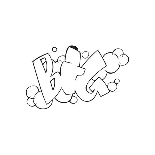 Black graffiti-style wall decal with bubble letters and playful shapes