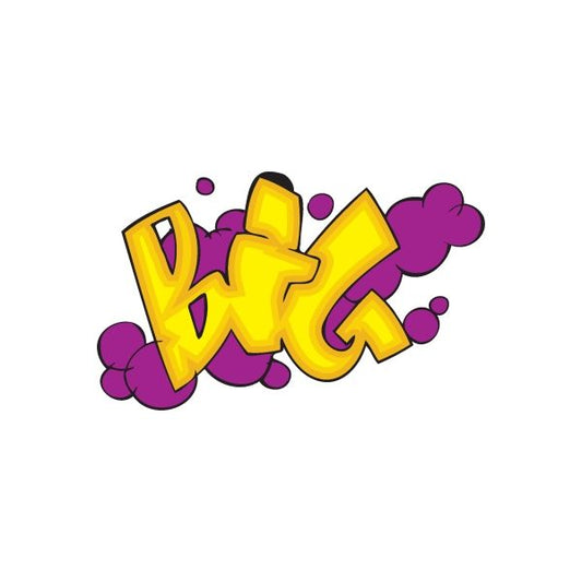 Graffiti sticker with large yellow bubble letters and purple accents