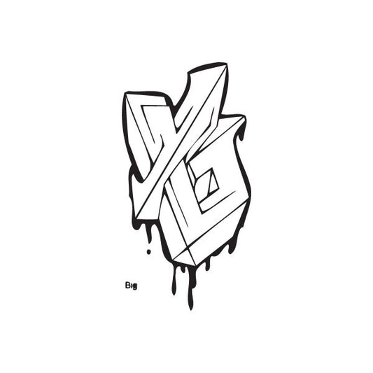 Graffiti text decal with bold black-and-white letter shapes and paint drips