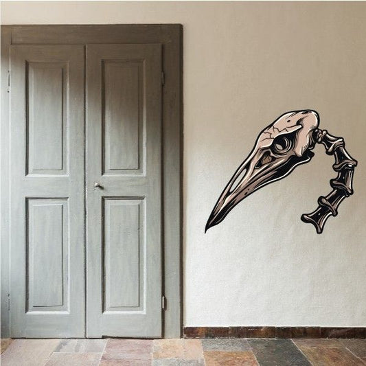 Long neck bird skull sticker, stylized pale skull with black outlines and beak.