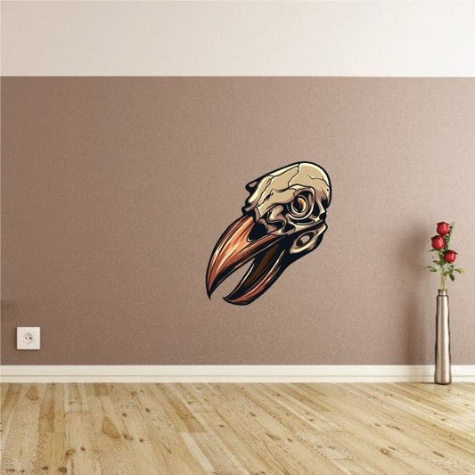 Seagull skull sticker, bird head in profile with orange beak and black outline