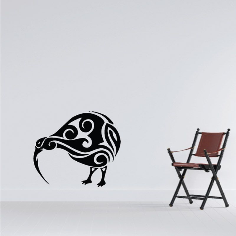 Black bird wall vinyl decal with decorative swirl pattern and long beak.