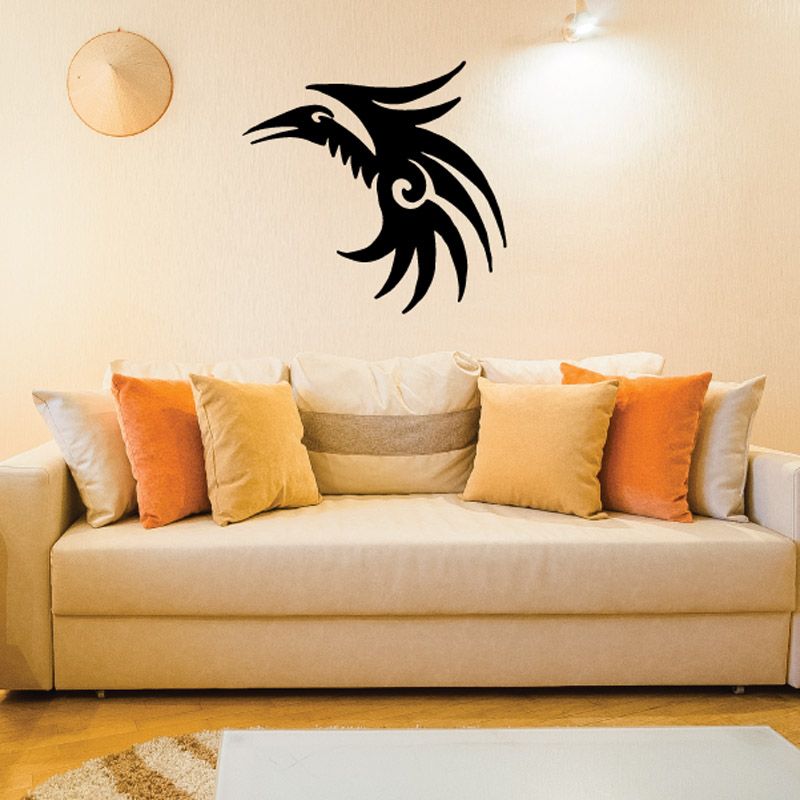 Black bird wall vinyl decal with ornate feather design