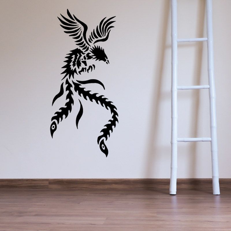 Bird wall decal vinyl, black phoenix-style bird silhouette with wings spread.