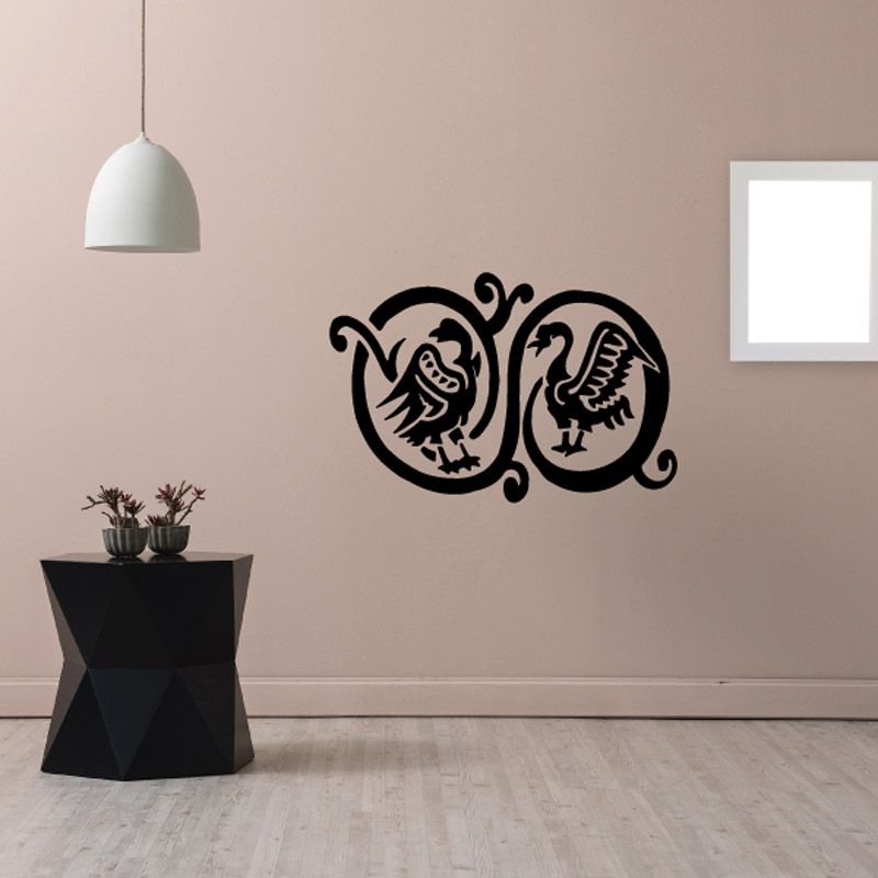 Bird wall decal vinyl: two black birds in ornate circular design